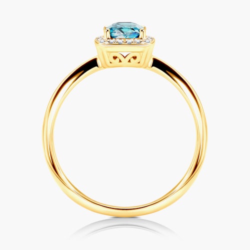 Pierścionek zaręczynowy SAVICKI: żółte złoto, akwamaryn, diamenty